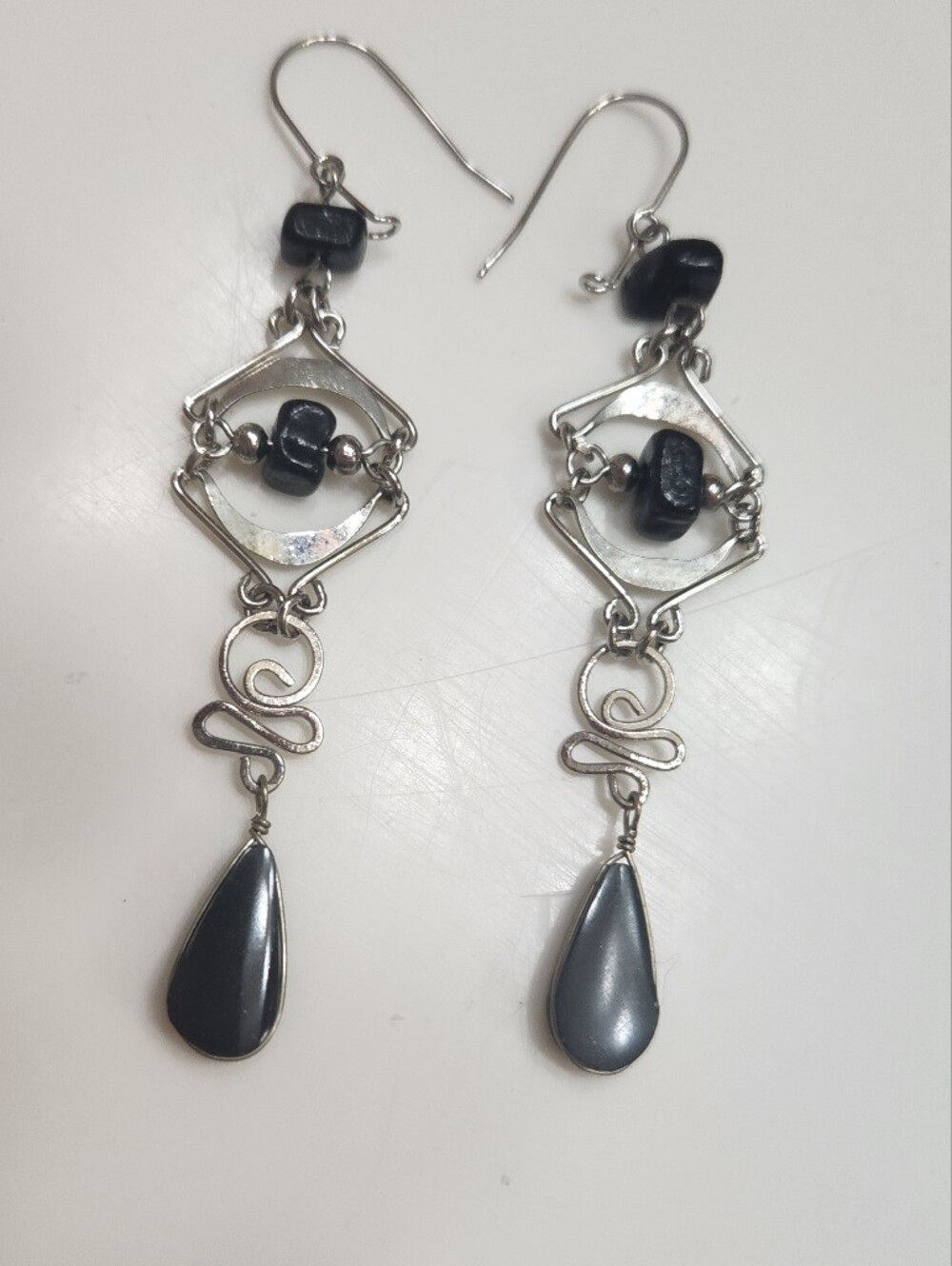Vintage Whimsigoth Gothic Black Teardrop Wirework Dangle Earrings
